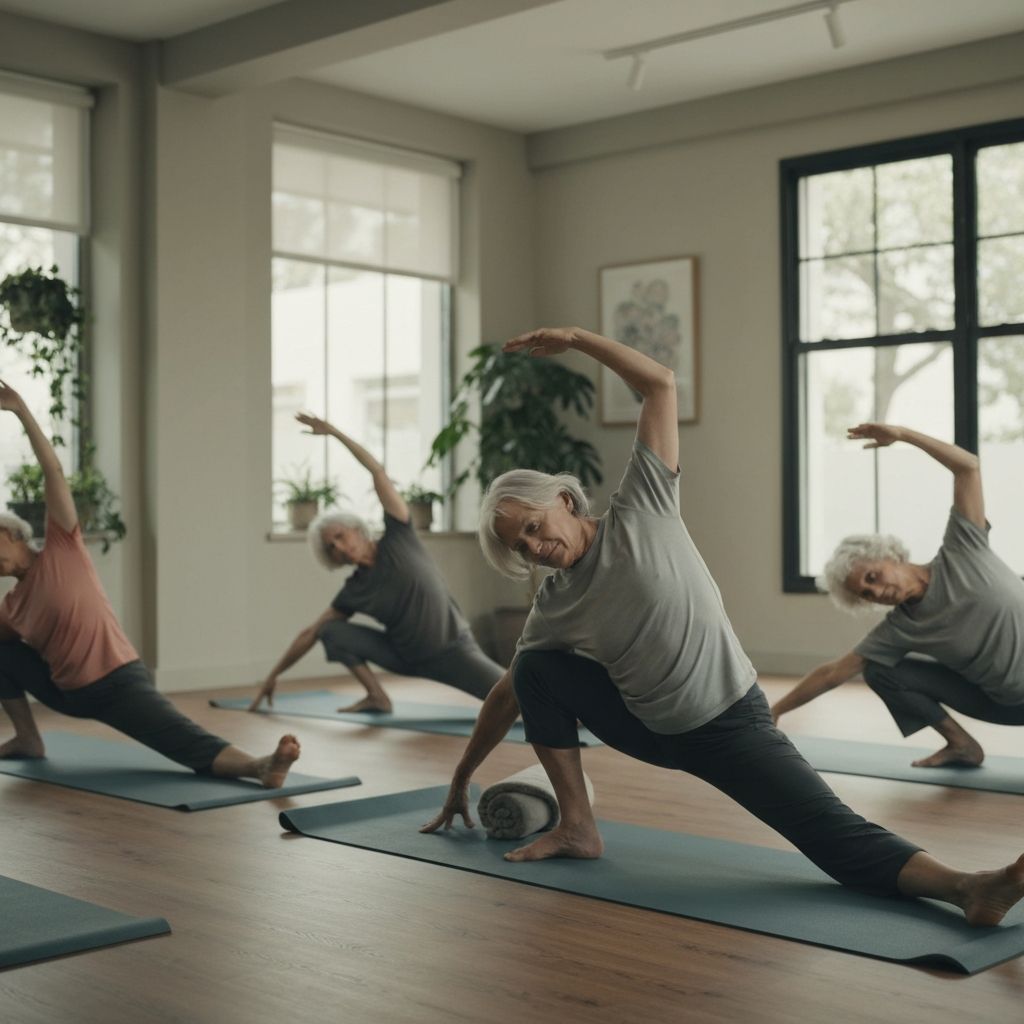 Yoga studio with mature adults practicing gentle yoga